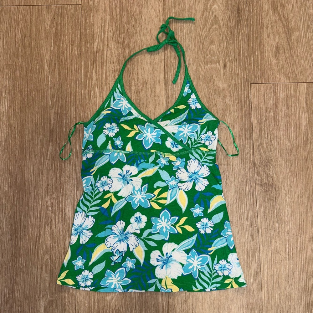 Label of Graded Goods Tropical Hibiscus Floral Print Halter Tank Green
